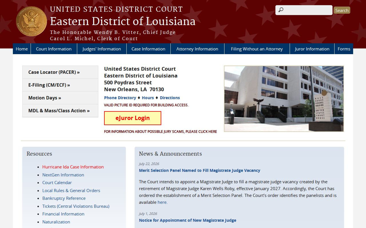 Eastern District of Louisiana court page with case information resources
