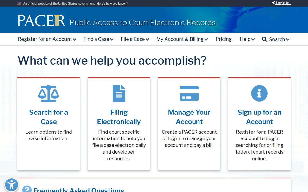PACER federal case-search page for records separate from St. Bernard Parish court files
