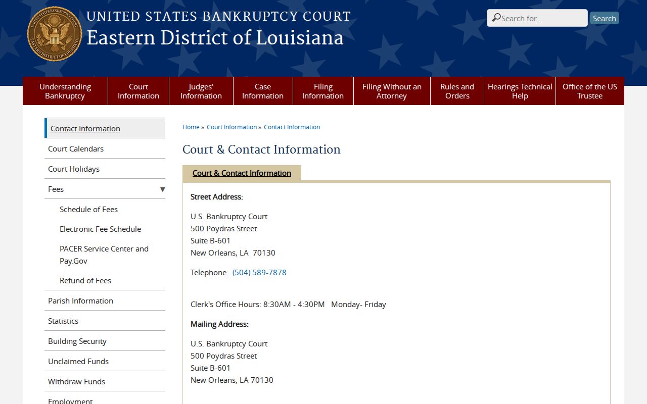 Eastern District of Louisiana Bankruptcy Court contact and hearing information
