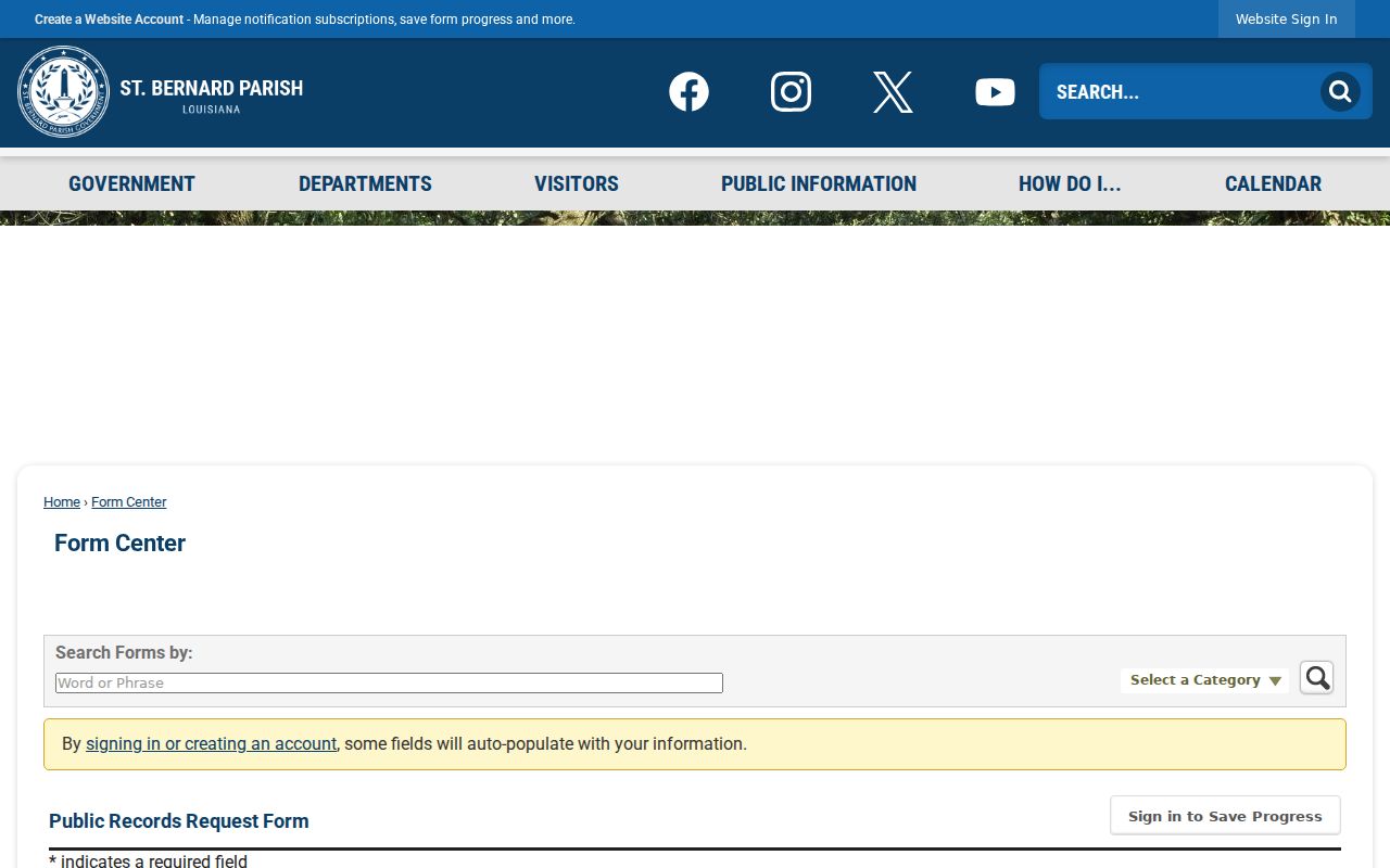 St. Bernard Parish Government public-records request form with delivery choices and copy-cost note