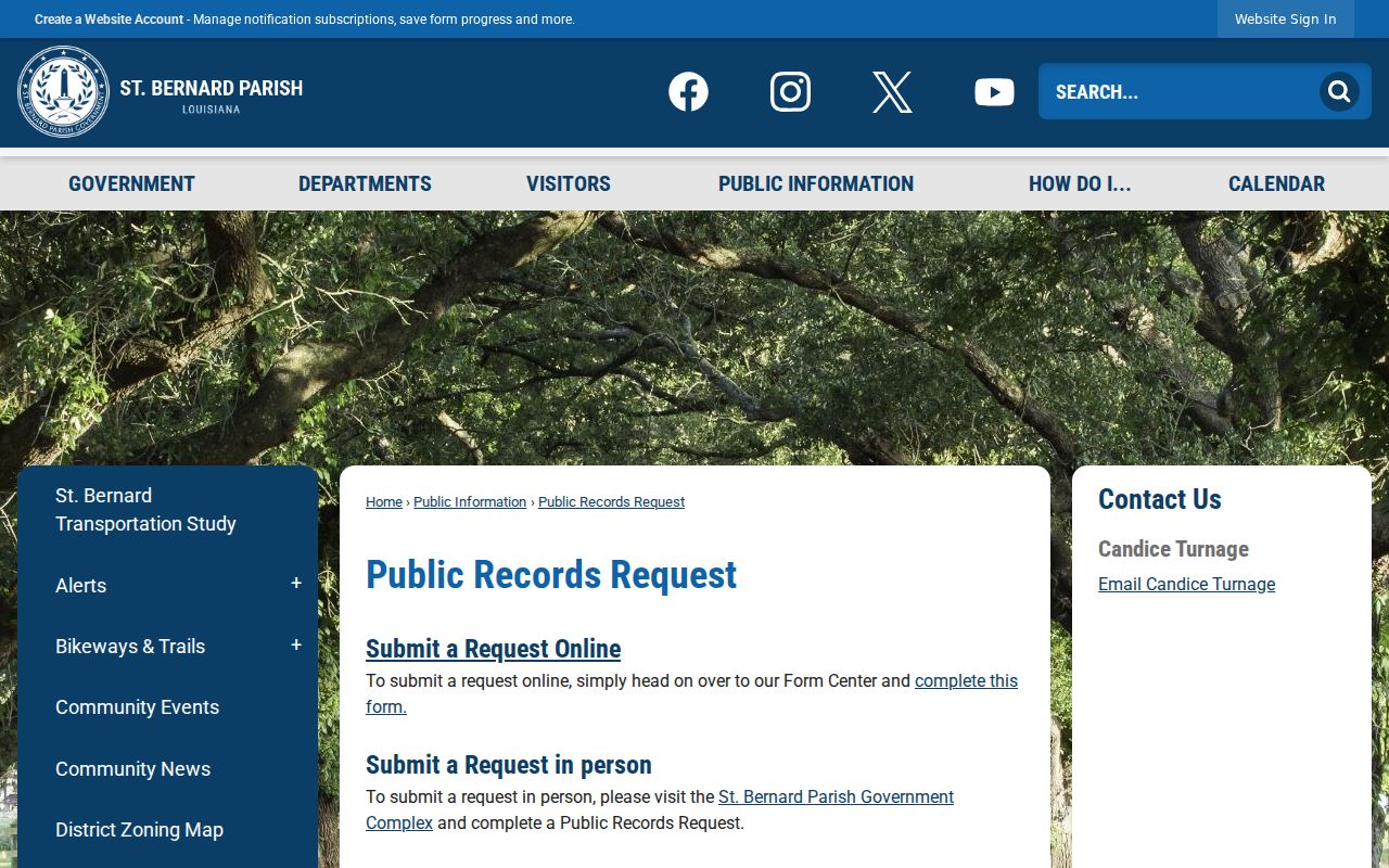 St. Bernard Parish Government public-records page directing court record requests to the Clerk