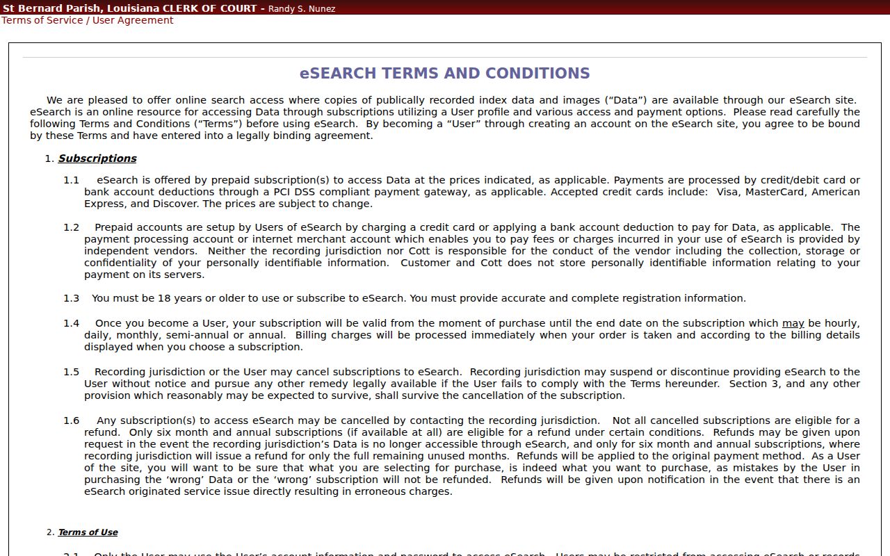 St. Bernard Parish criminal docket Cott eSearch terms and account screen
