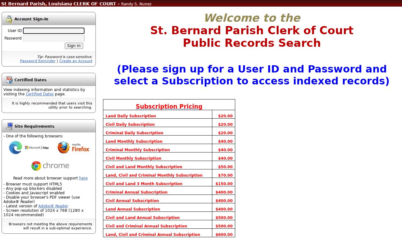 St. Bernard Parish court docket Cott eSearch account and subscription screen