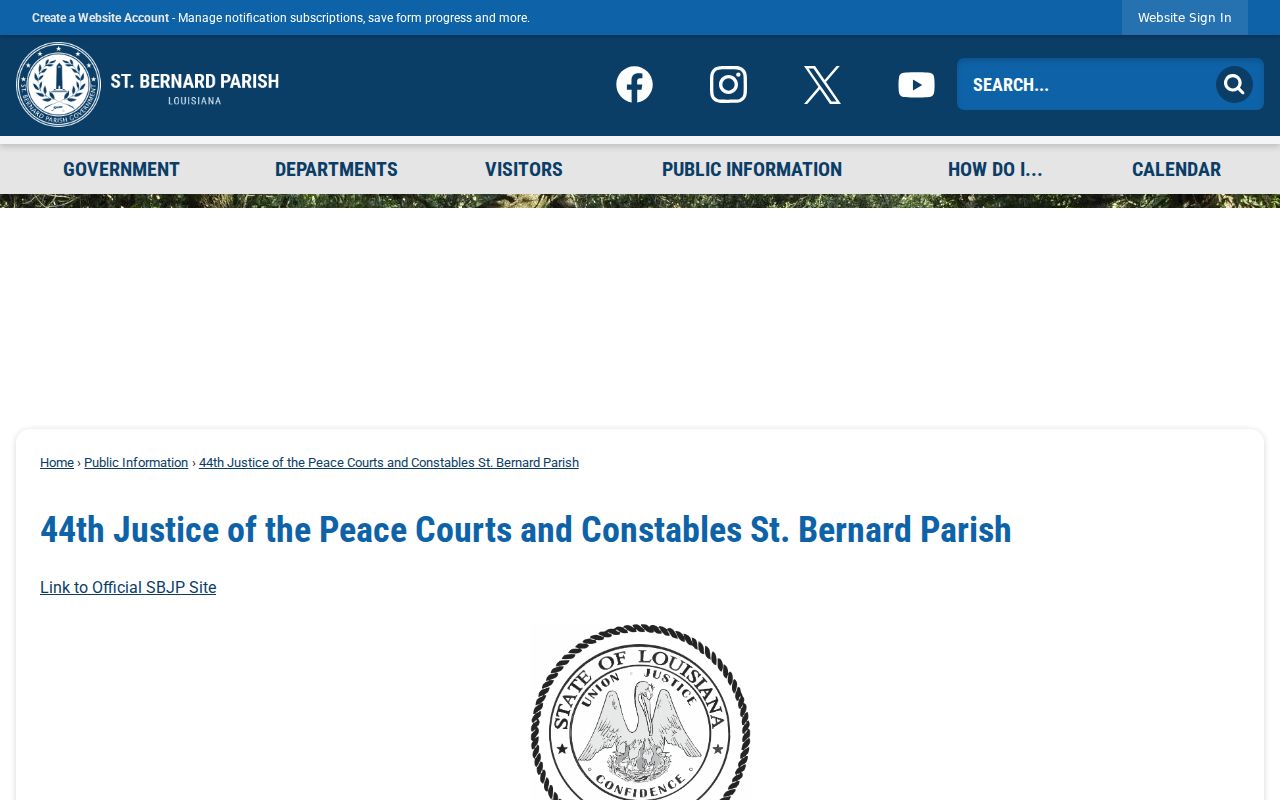 St. Bernard Parish Justice of the Peace directory showing Ward A through K contact channels