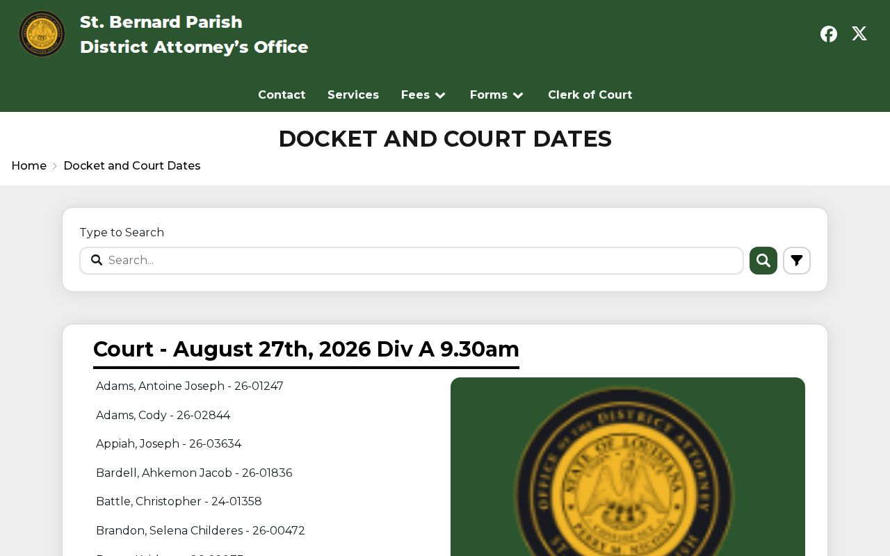 St. Bernard Parish District Attorney Docket and Court Dates page with search control and court-date cards